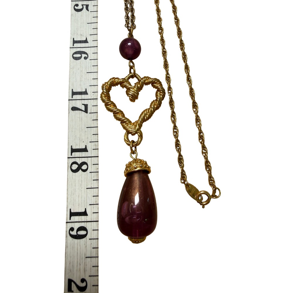 Avon Heart Necklace Purple Gold Tone Statement Romantic Classic Elegant - Picture 4 of 15